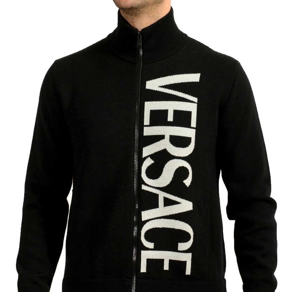 Versace Men's Wool Knitted Logo Print Full Zip Cardigan Sweater US XS IT 46